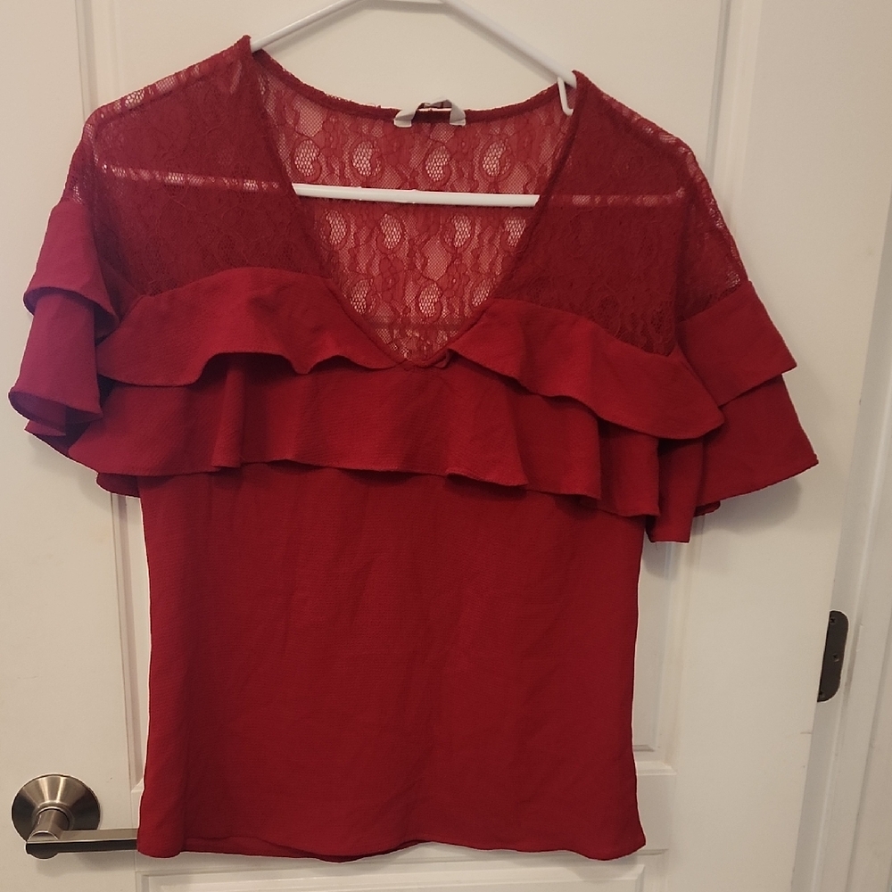 Ruffled Red Short Sleeve Blouse